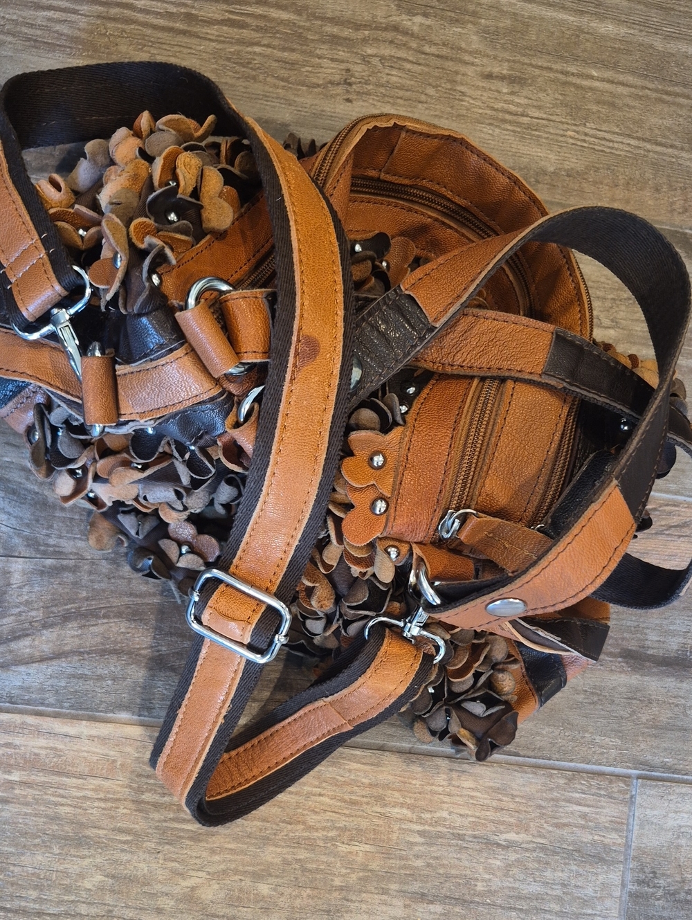 Boho 3D Leather Studded Flower Petal Hobo Crossbody Bag, Double Zipper Closure - Picture 7 of 15